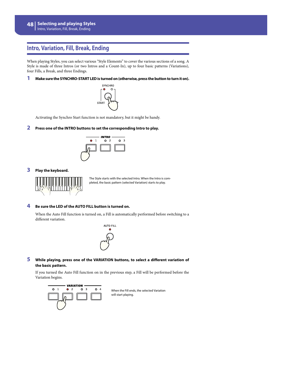 Intro, variation, fill, break, ending | KORG Pa300 Arranger User Manual | Page 52 / 378