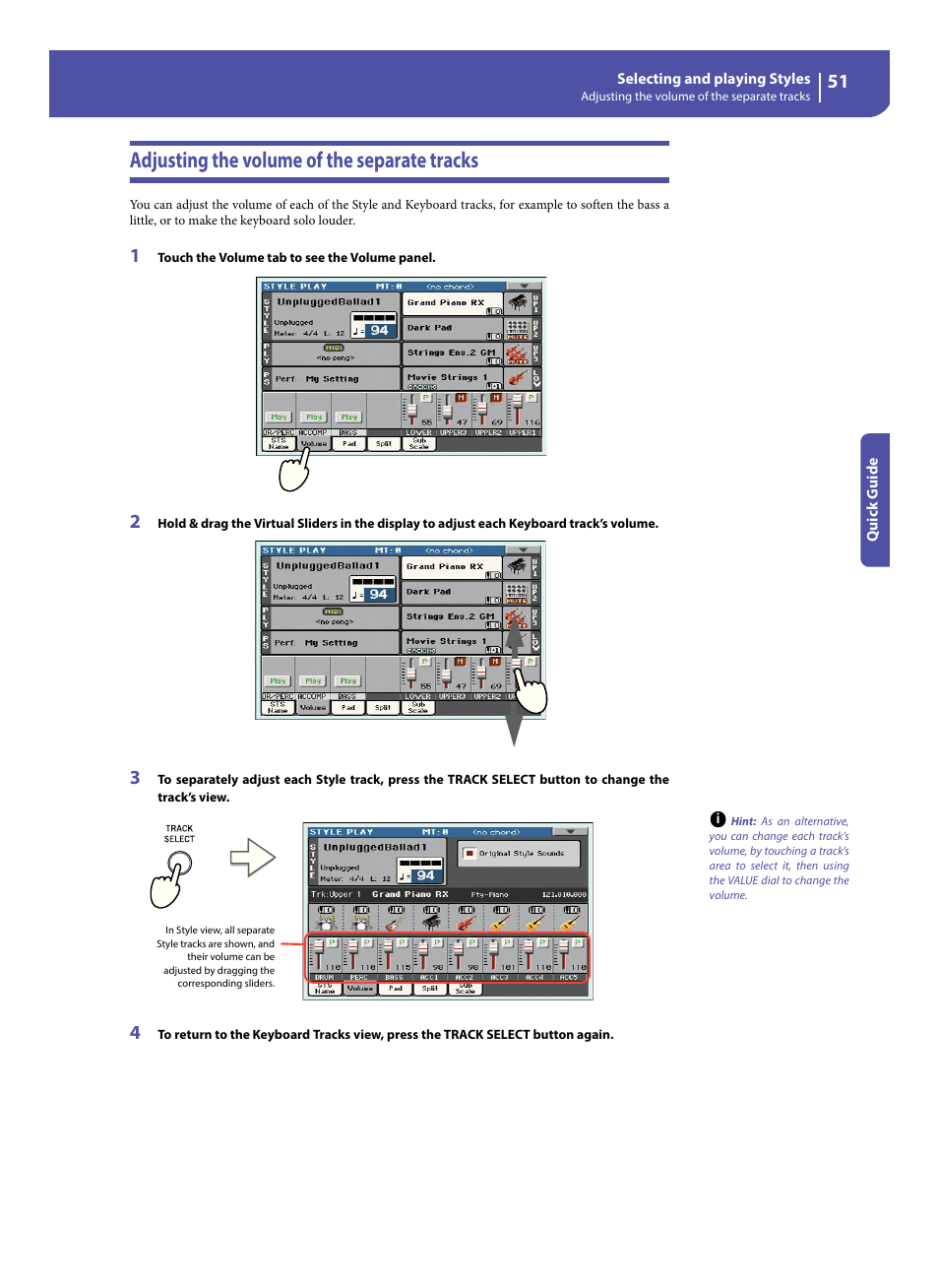Adjusting the volume of the separate tracks | KORG Pa300 Arranger User Manual | Page 55 / 378