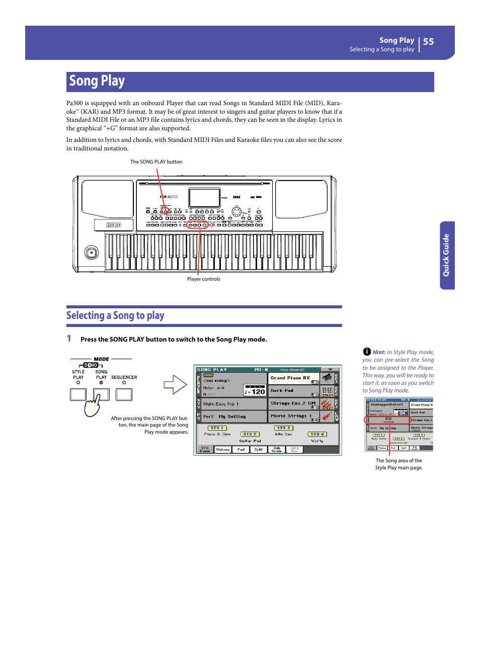 Song play, Selecting a song to play | KORG Pa300 Arranger User Manual | Page 59 / 378