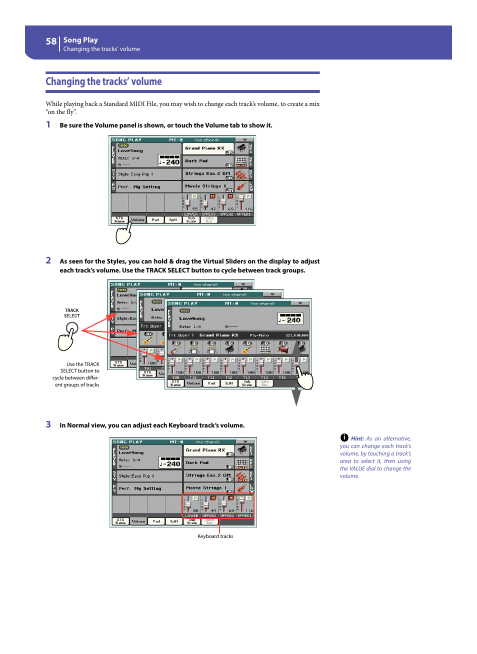 Changing the tracks’ volume | KORG Pa300 Arranger User Manual | Page 62 / 378