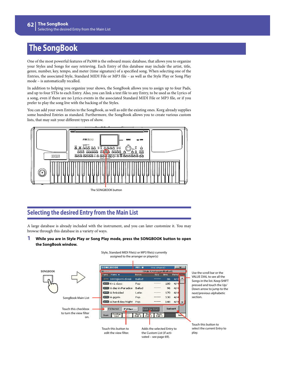 The songbook, Selecting the desired entry from the main list | KORG Pa300 Arranger User Manual | Page 66 / 378