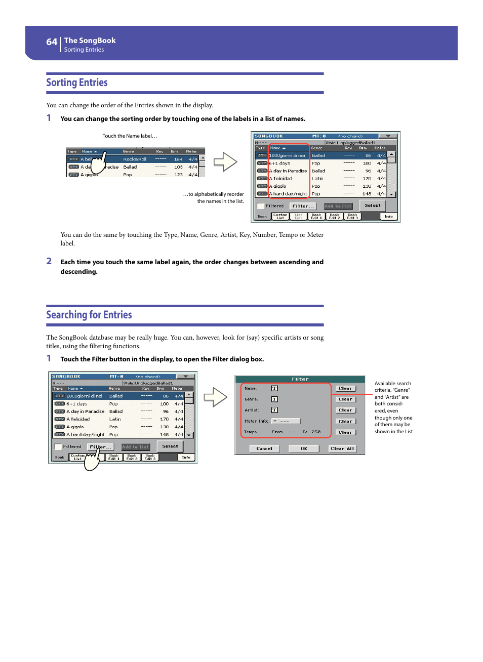 Sorting entries, Searching for entries, Sorting entries searching for entries | KORG Pa300 Arranger User Manual | Page 68 / 378