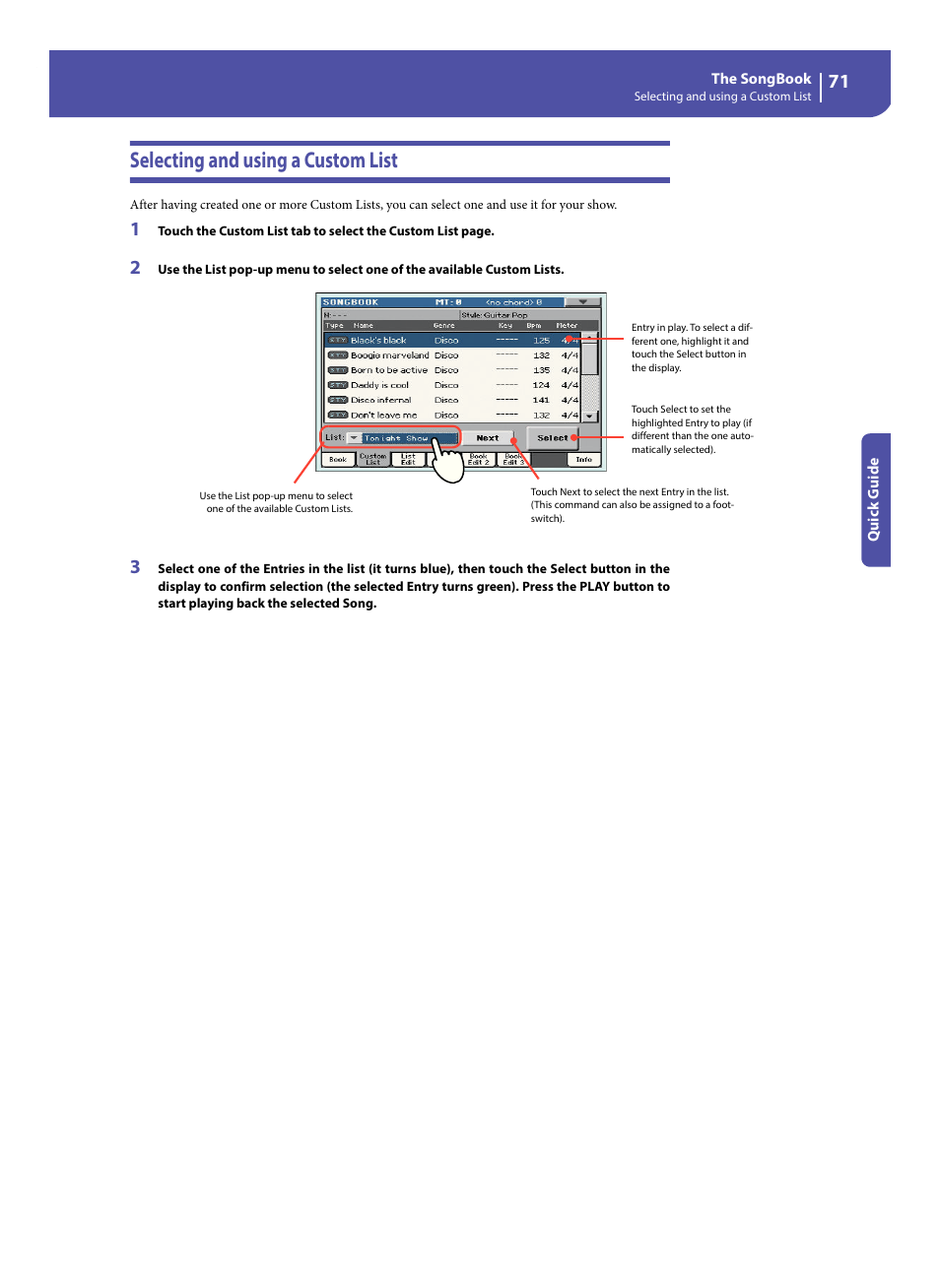 Selecting and using a custom list | KORG Pa300 Arranger User Manual | Page 75 / 378