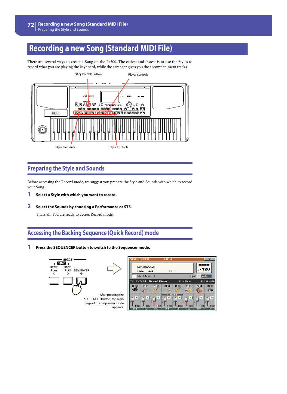 Recording a new song (standard midi file), Preparing the style and sounds, Accessing the backing sequence (quick record) mode | KORG Pa300 Arranger User Manual | Page 76 / 378