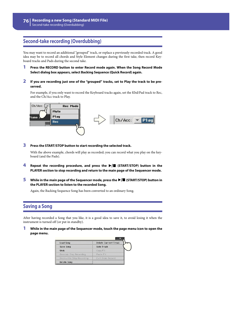 Second-take recording (overdubbing), Saving a song, Second-take recording (overdubbing) saving a song | KORG Pa300 Arranger User Manual | Page 80 / 378