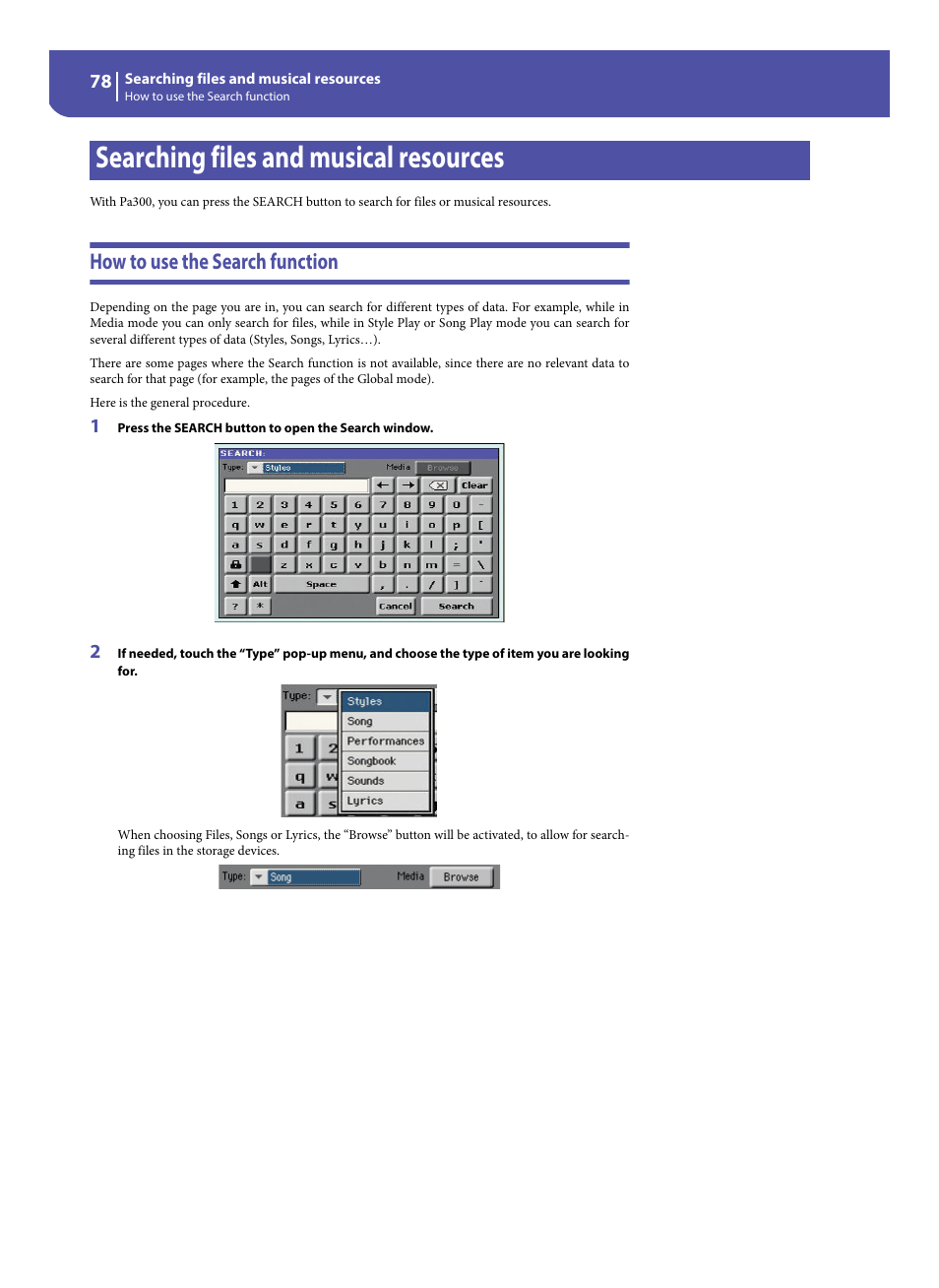 Searching files and musical resources, How to use the search function | KORG Pa300 Arranger User Manual | Page 82 / 378