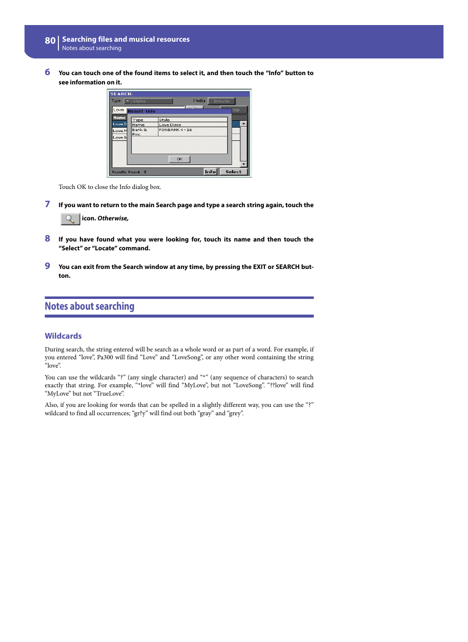 Notes about searching, Wildcards | KORG Pa300 Arranger User Manual | Page 84 / 378