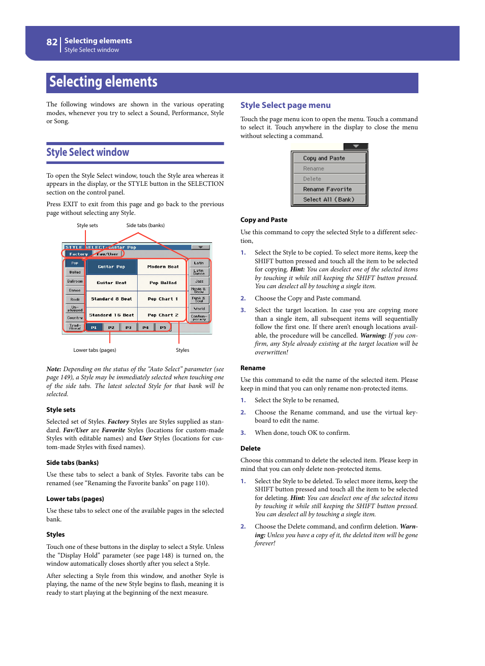 Selecting elements, Style select window, Style select page menu | KORG Pa300 Arranger User Manual | Page 86 / 378