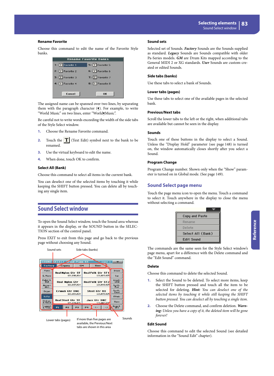 Sound select window, Sound select page menu | KORG Pa300 Arranger User Manual | Page 87 / 378