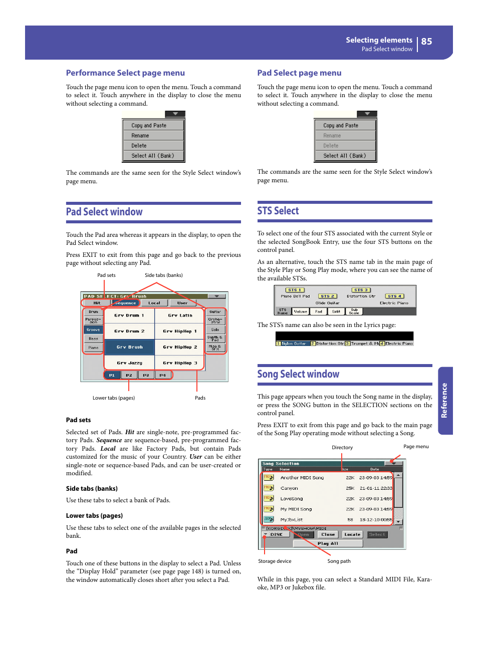 Pad select window, Sts select, Song select window | Pad select window sts select song select window, Performance select page menu, Pad select page menu | KORG Pa300 Arranger User Manual | Page 89 / 378