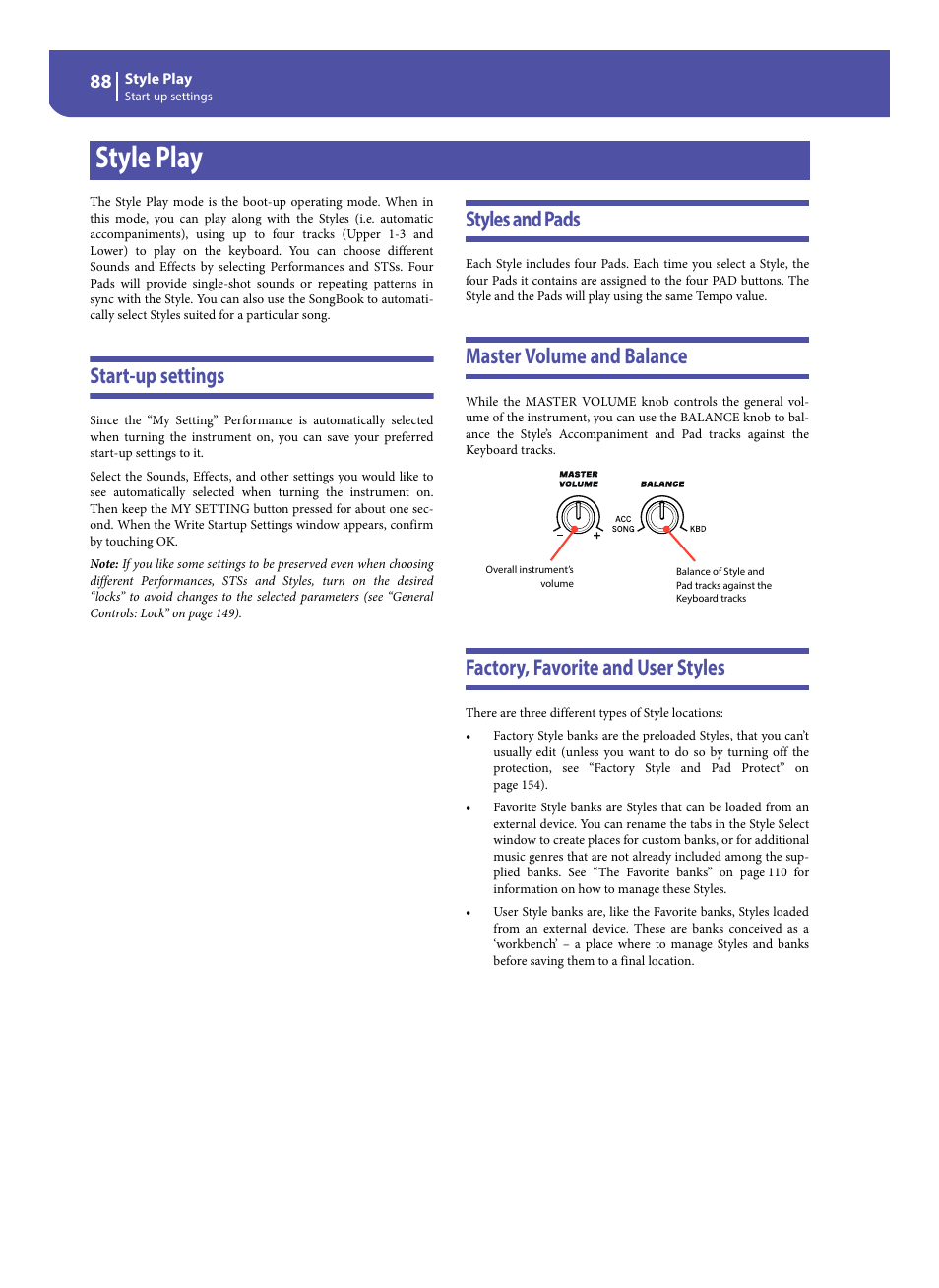 Style play, Start-up settings, Styles and pads | Master volume and balance, Factory, favorite and user styles | KORG Pa300 Arranger User Manual | Page 92 / 378