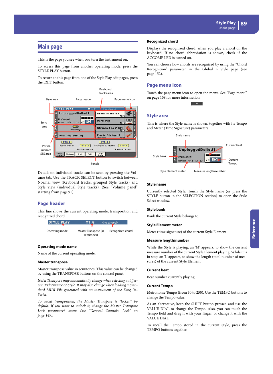 Style area, Main page, Page header | Page menu icon | KORG Pa300 Arranger User Manual | Page 93 / 378