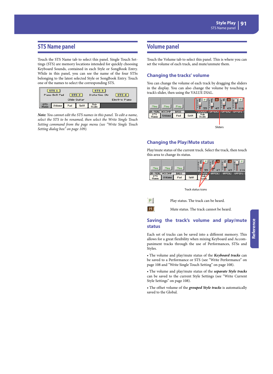 Sts name panel, Volume panel, Changing the tracks’ volume | Changing the play/mute status, Saving the track’s volume and play/mute status, Sts name panel volume panel | KORG Pa300 Arranger User Manual | Page 95 / 378