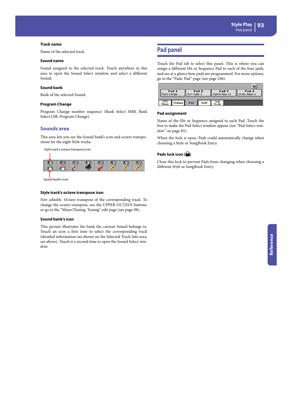 Sounds area, Pad panel | KORG Pa300 Arranger User Manual | Page 97 / 378