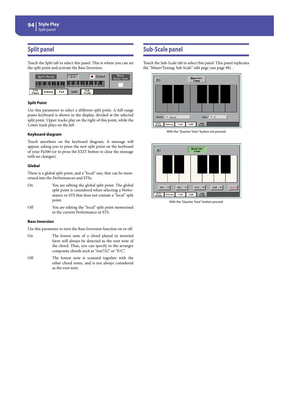 Split panel, Sub-scale panel, Split panel sub-scale panel | KORG Pa300 Arranger User Manual | Page 98 / 378