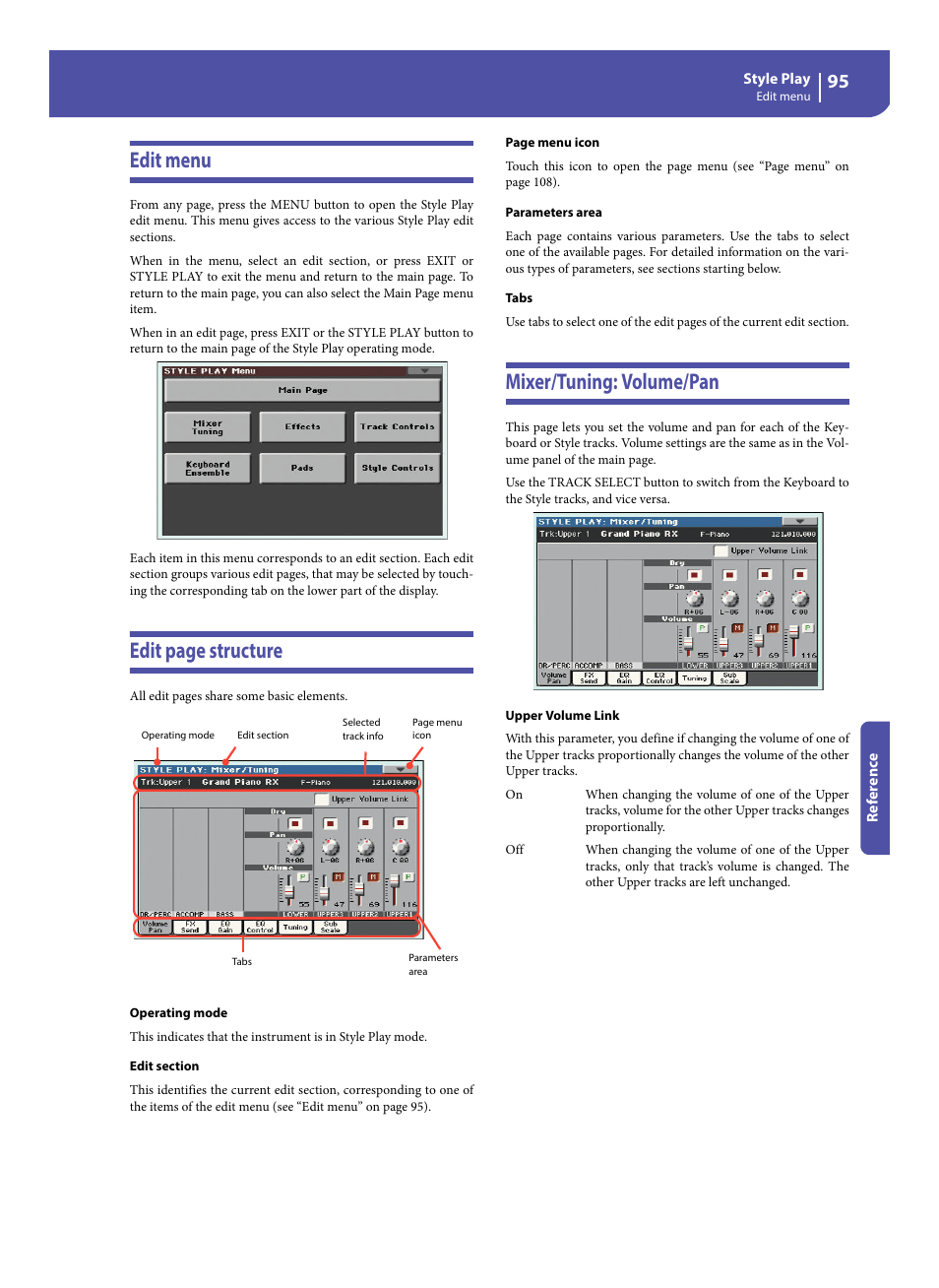 Edit menu, Mixer/tuning: volume/pan, Edit page structure | KORG Pa300 Arranger User Manual | Page 99 / 378