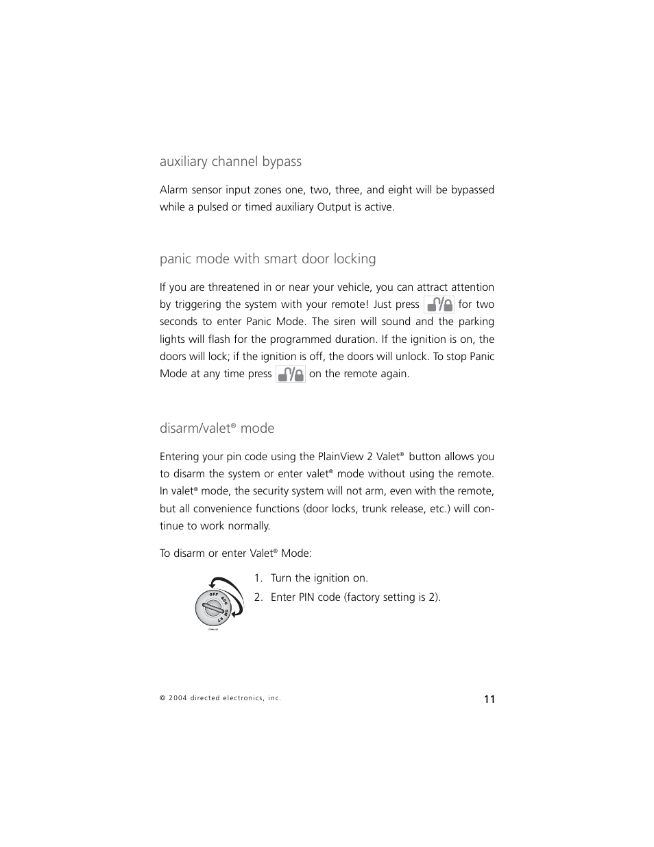 Auxiliary channel bypass, Panic mode with smart door locking, Disarm/valet | Mode | Directed Electronics 750 User Manual | Page 14 / 45