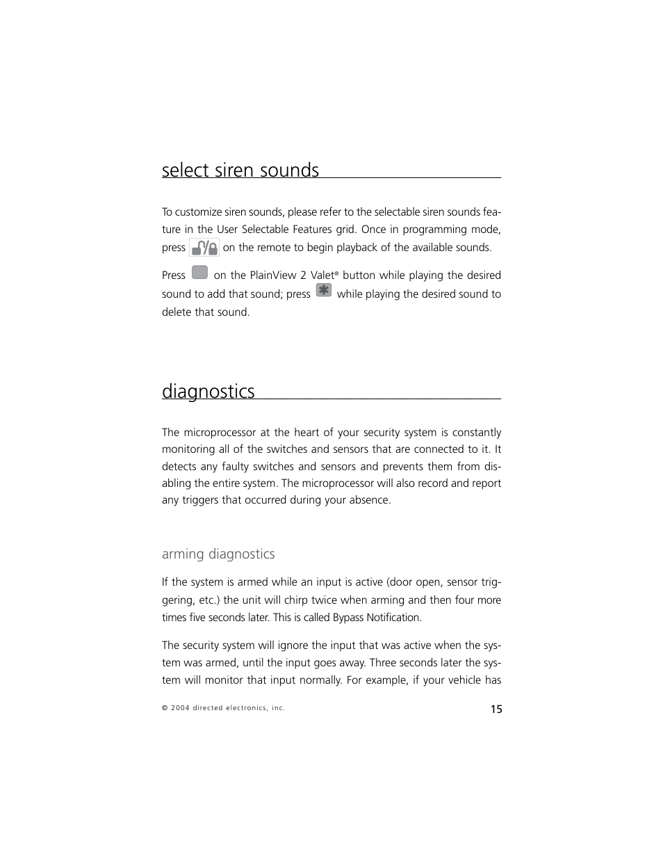 Select siren sounds, Diagnostics, Arming diagnostics | Directed Electronics 750 User Manual | Page 18 / 45