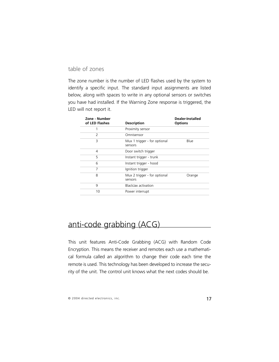 Anti-code grabbing (acg), Table of zones | Directed Electronics 750 User Manual | Page 20 / 45
