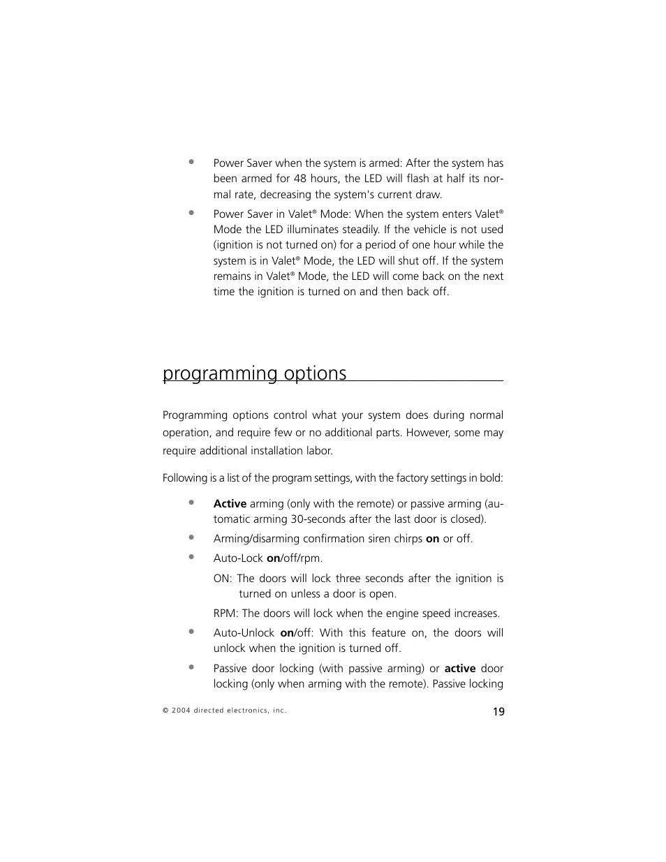 Programming options | Directed Electronics 750 User Manual | Page 22 / 45