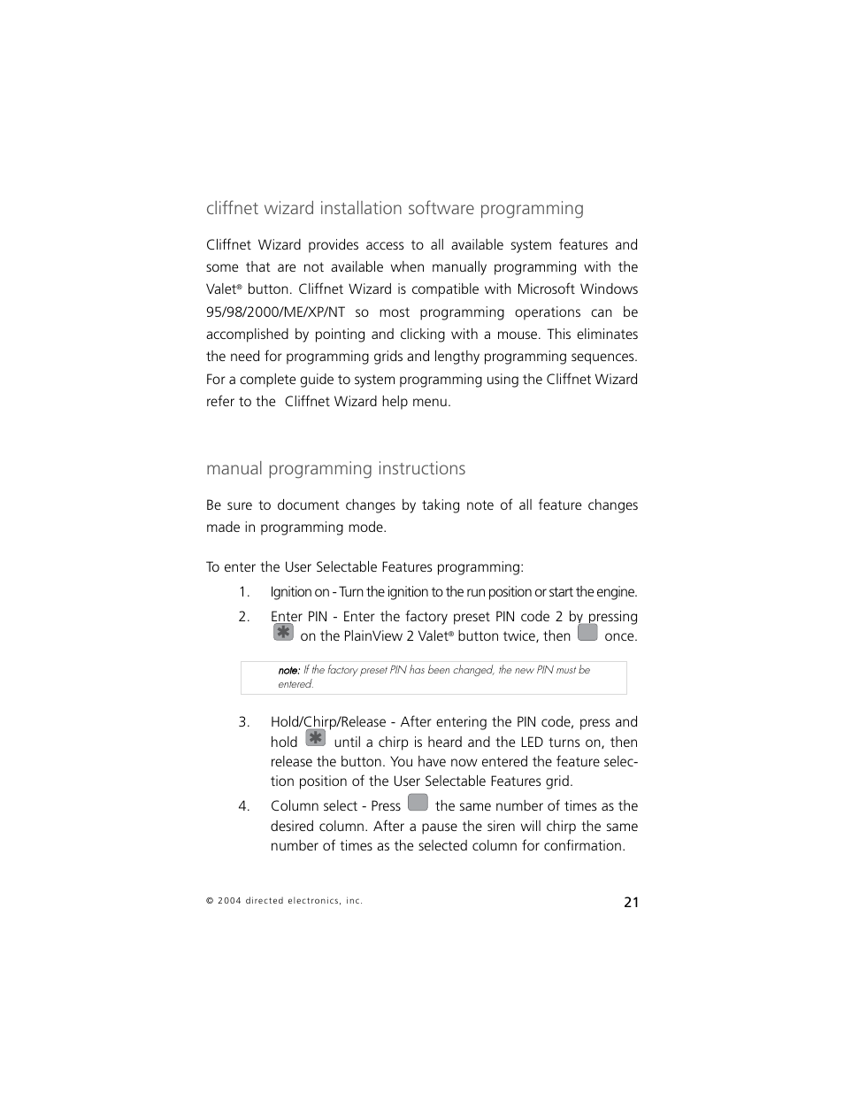 Cliffnet wizard installation software programming, Manual programming instructions | Directed Electronics 750 User Manual | Page 24 / 45