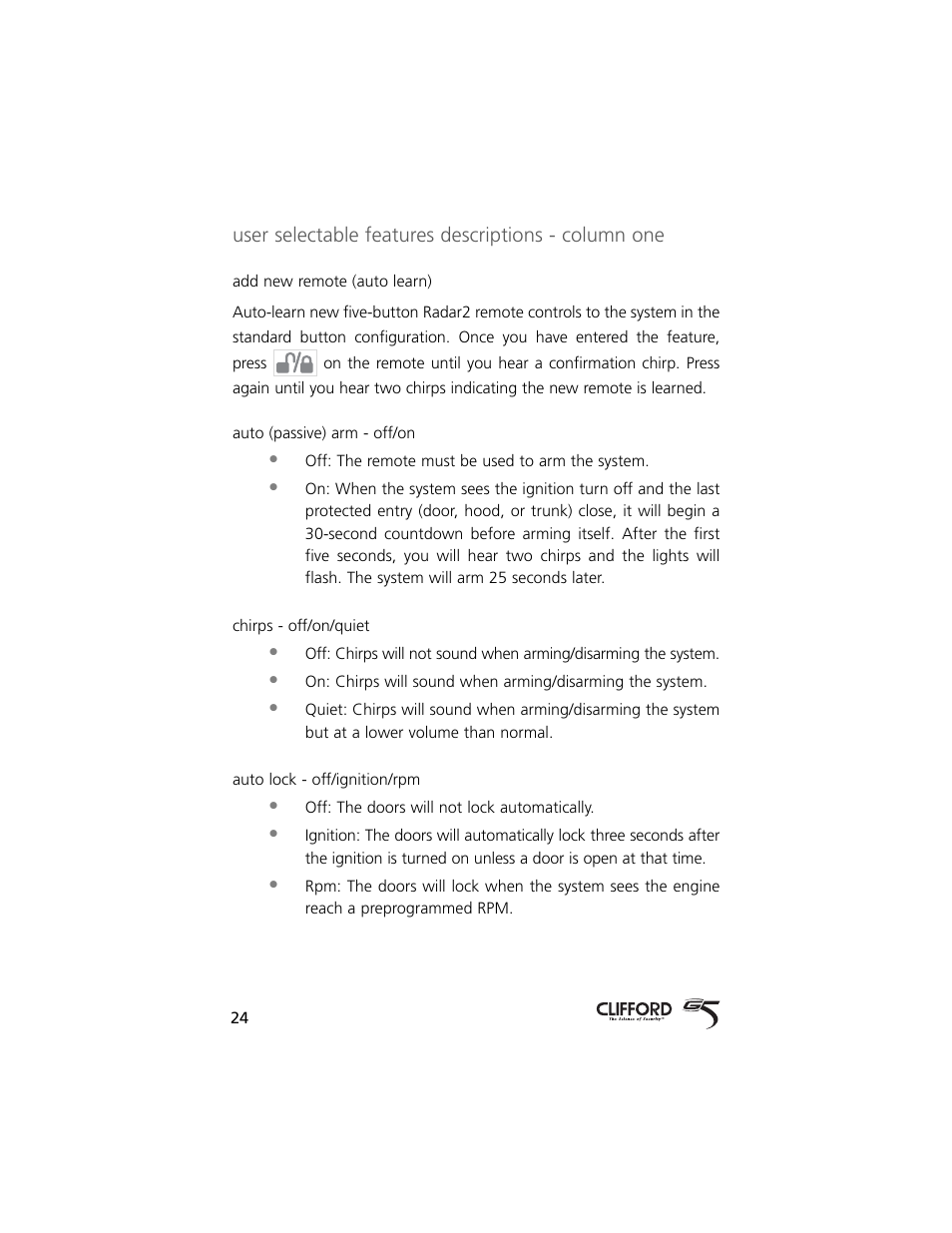 User selectable features descriptions - column one | Directed Electronics 750 User Manual | Page 27 / 45