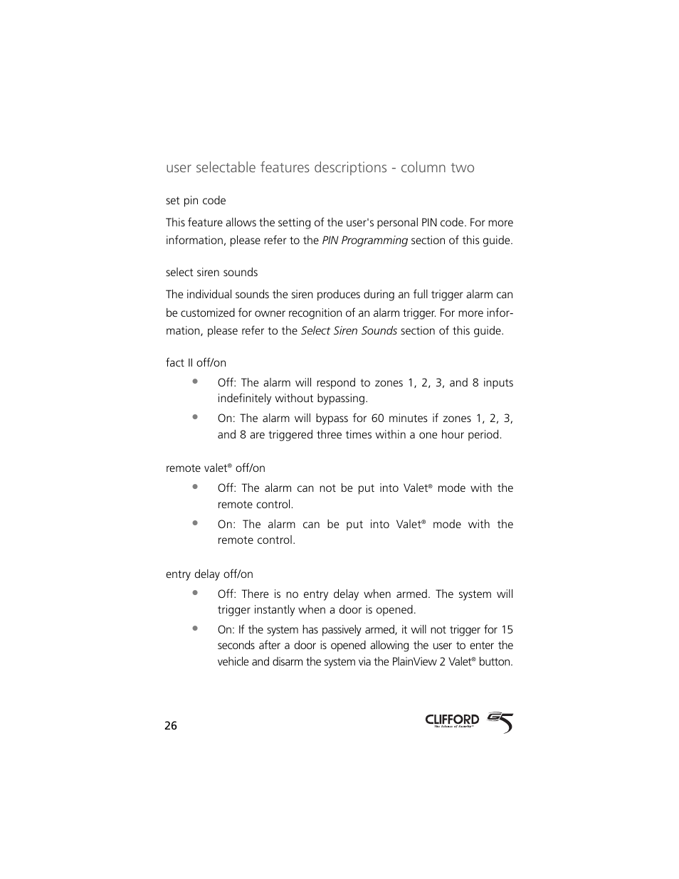 User selectable features descriptions - column two | Directed Electronics 750 User Manual | Page 29 / 45