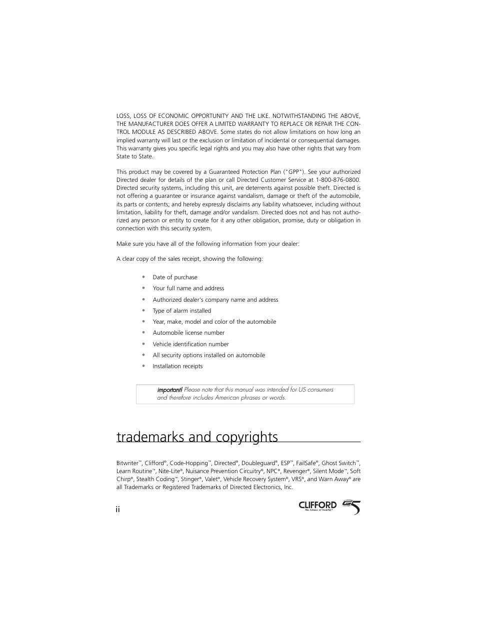 Trademarks and copyrights | Directed Electronics 750 User Manual | Page 3 / 45