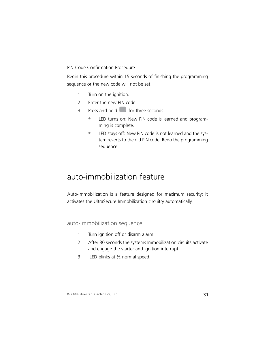Auto-immobilization feature, Auto-immobilization sequence | Directed Electronics 750 User Manual | Page 34 / 45