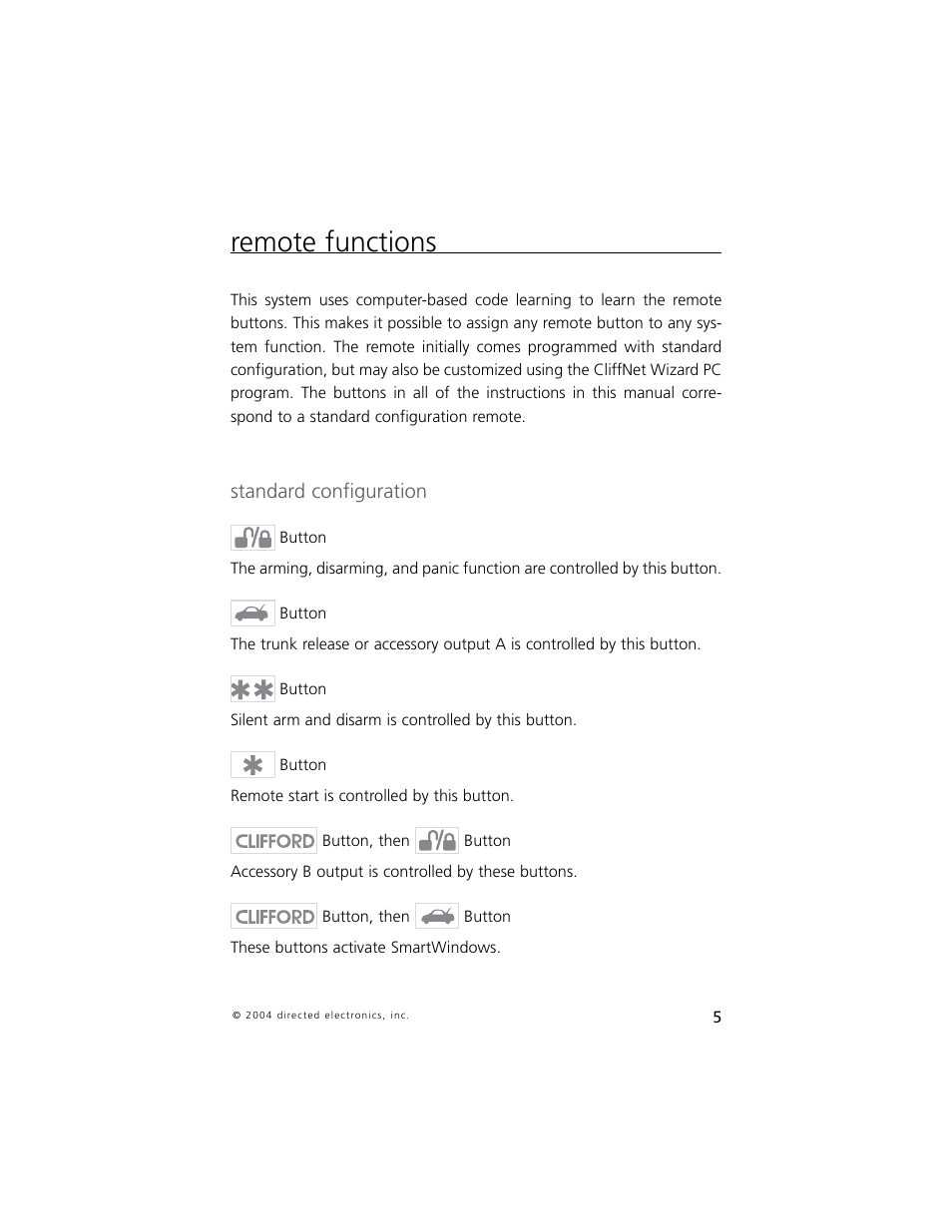 Remote functions, Standard configuration | Directed Electronics 750 User Manual | Page 8 / 45