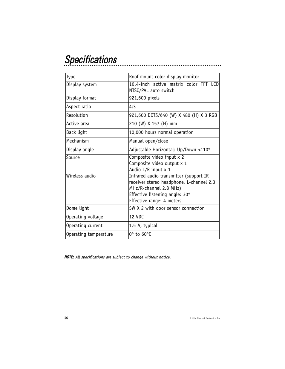 Ssppeecciiffiiccaattiioonnss | Directed Electronics OHV 1000 User Manual | Page 14 / 16