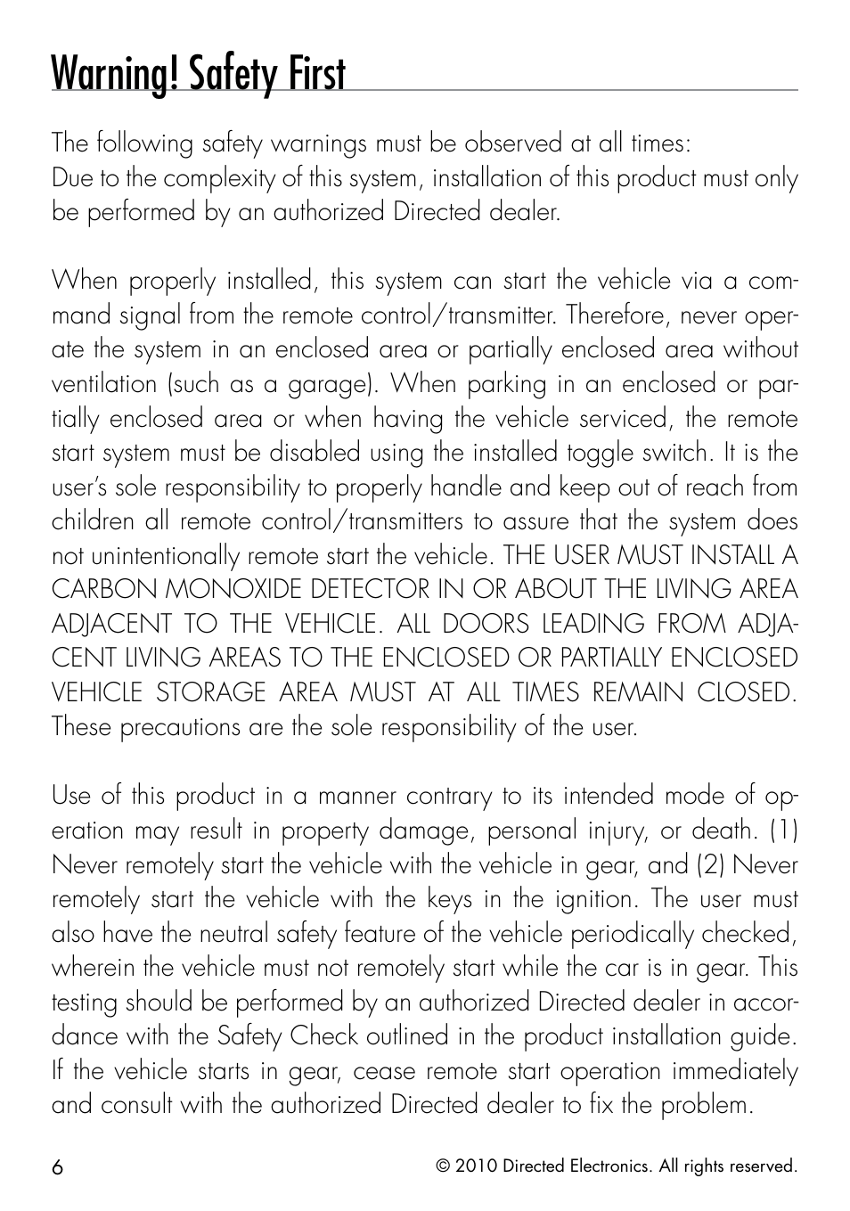 Warning! safety first | Directed Electronics SMARTSTART 3000 User Manual | Page 10 / 16