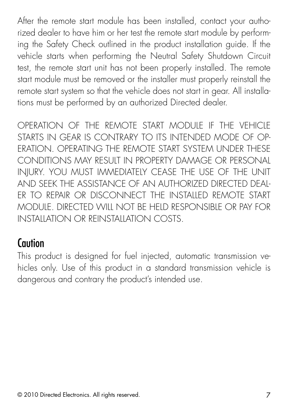 Caution | Directed Electronics SMARTSTART 3000 User Manual | Page 11 / 16