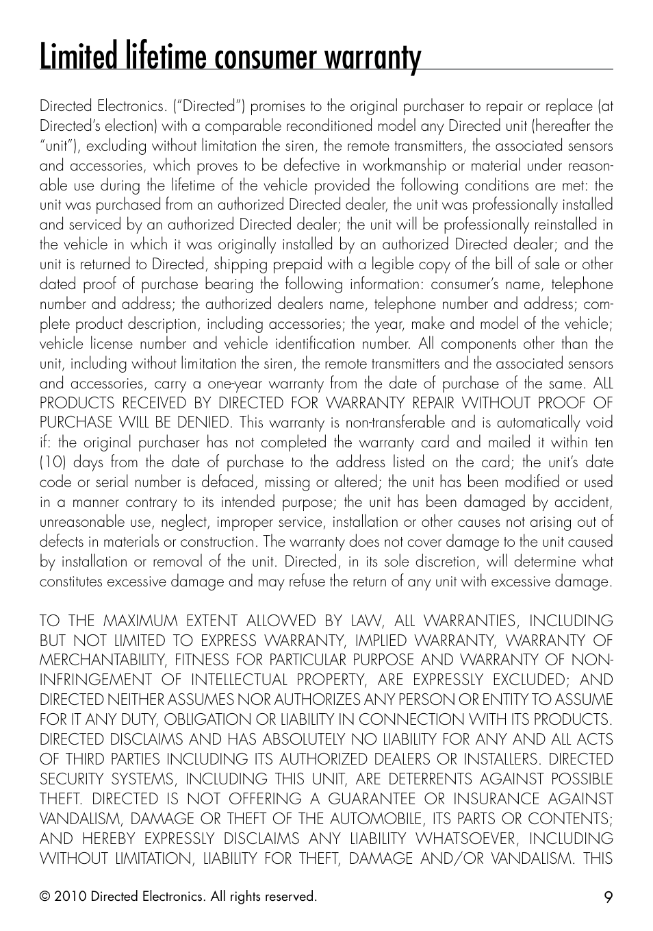 Limited lifetime consumer warranty | Directed Electronics SMARTSTART 3000 User Manual | Page 13 / 16