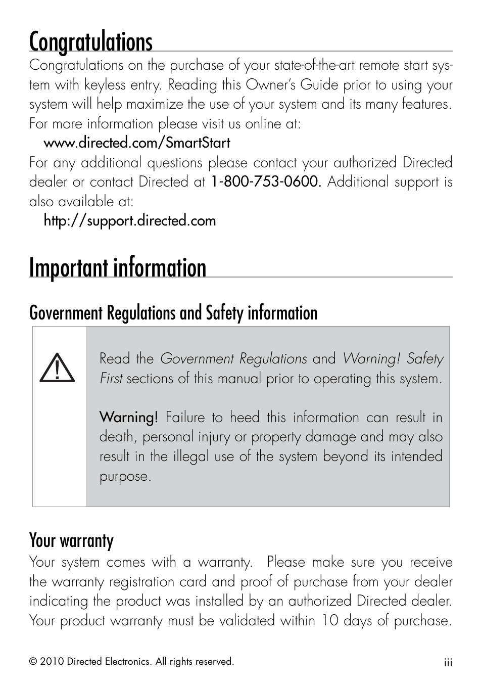 Important information, Government regulations and safety information, Your warranty | Directed Electronics SMARTSTART 3000 User Manual | Page 3 / 16