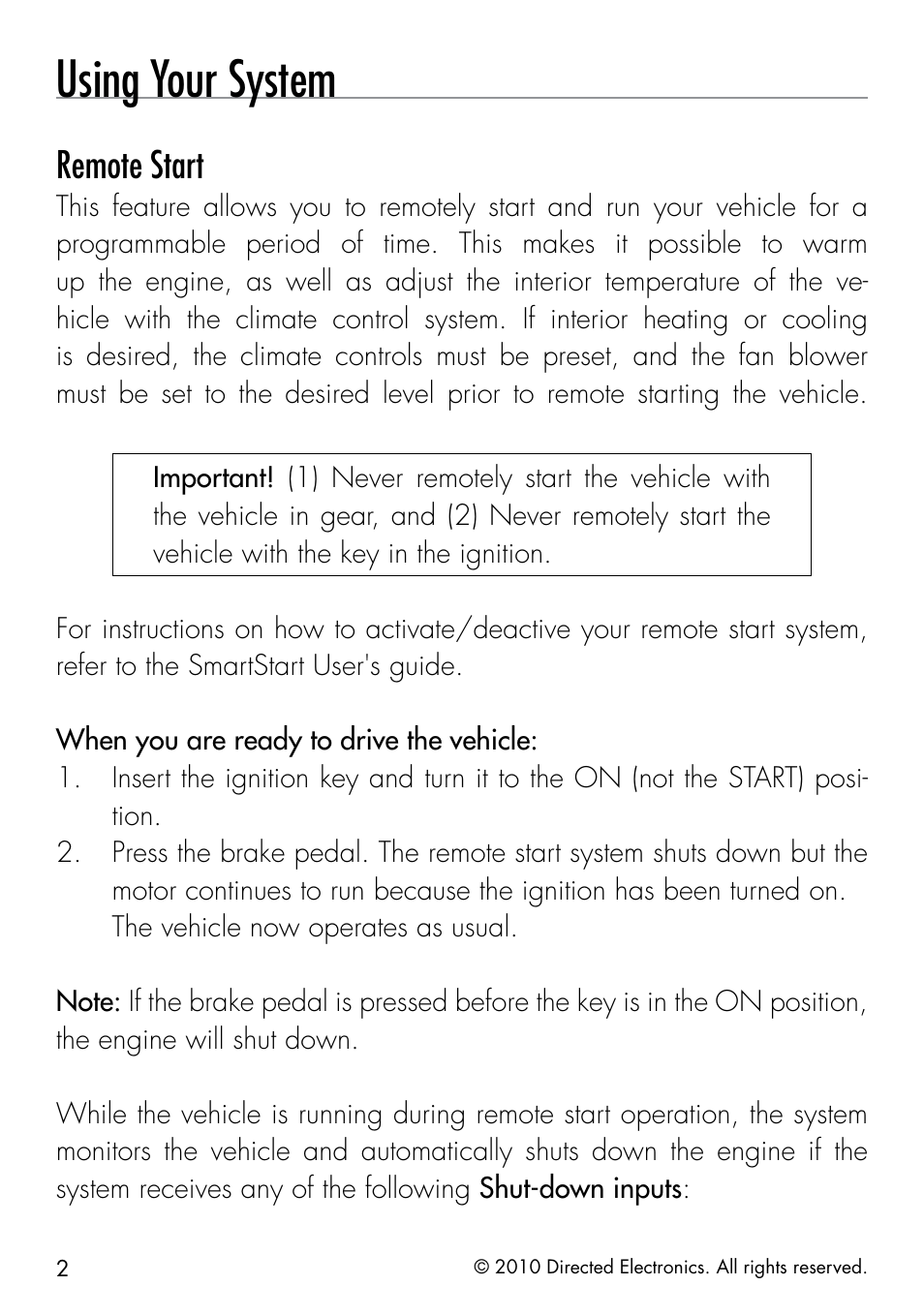 Using your system, Remote start | Directed Electronics SMARTSTART 3000 User Manual | Page 6 / 16