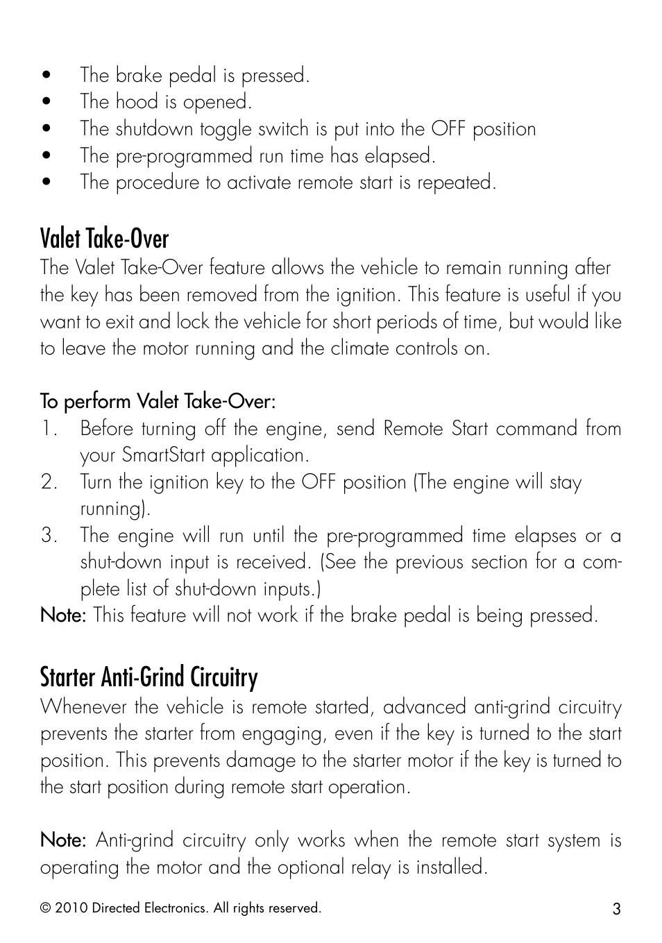 Valet take-over, Starter anti-grind circuitry | Directed Electronics SMARTSTART 3000 User Manual | Page 7 / 16