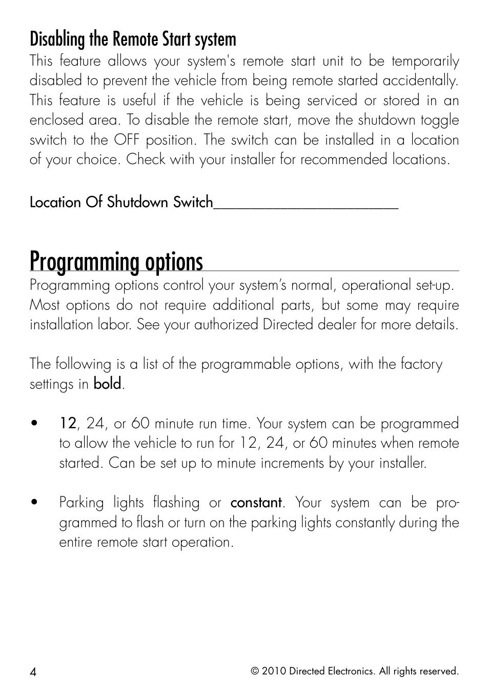 Programming options, Disabling the remote start system | Directed Electronics SMARTSTART 3000 User Manual | Page 8 / 16