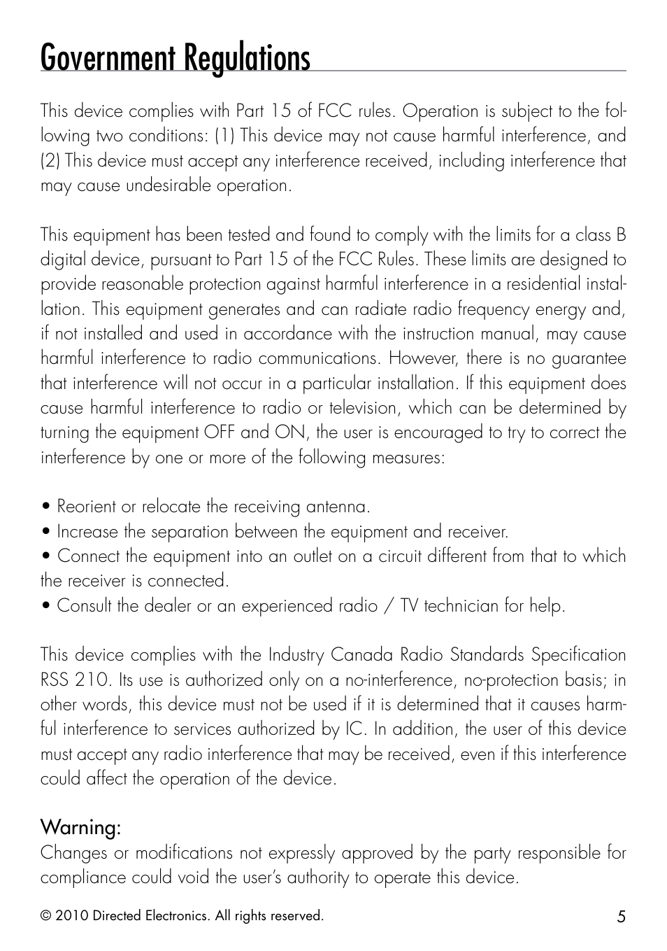 Government regulations | Directed Electronics SMARTSTART 3000 User Manual | Page 9 / 16