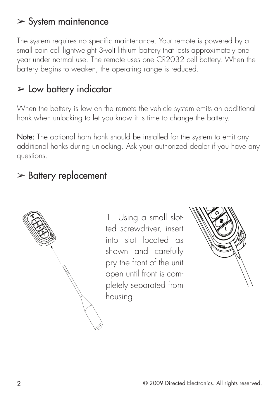 System maintenance, Low battery indicator, Battery replacement | Directed Electronics VIPER 5101 User Manual | Page 10 / 44