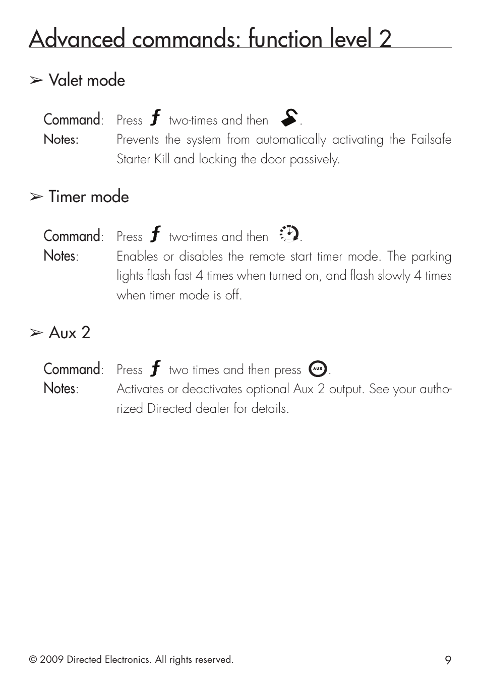 Advanced commands: function level 2, Valet mode, Timer mode | Aux 2, Command | Directed Electronics VIPER 5101 User Manual | Page 17 / 44