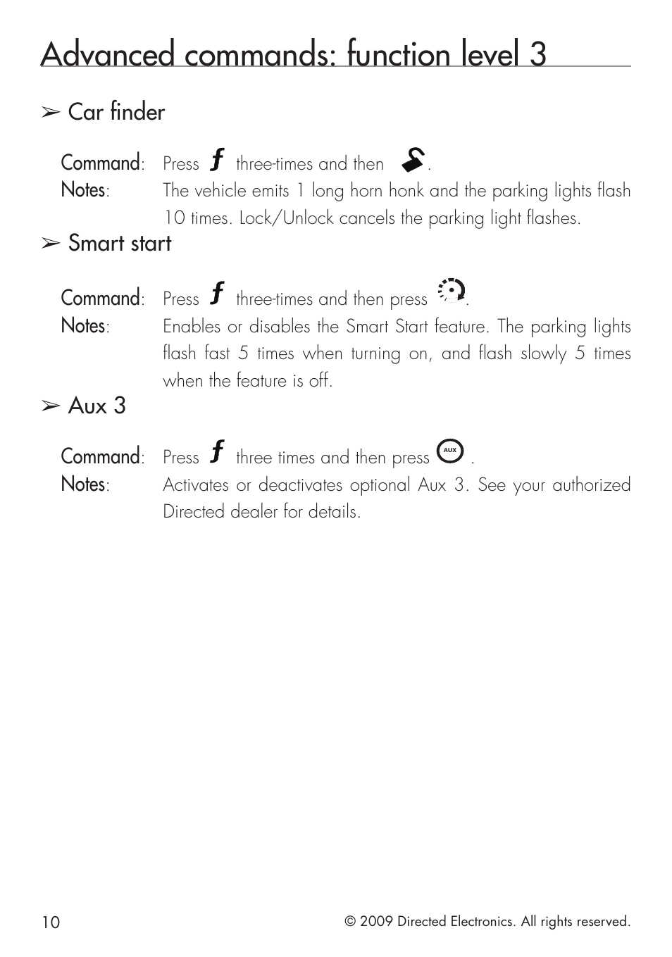 Advanced commands: function level 3, Car finder, Smart start | Aux 3, Command | Directed Electronics VIPER 5101 User Manual | Page 18 / 44