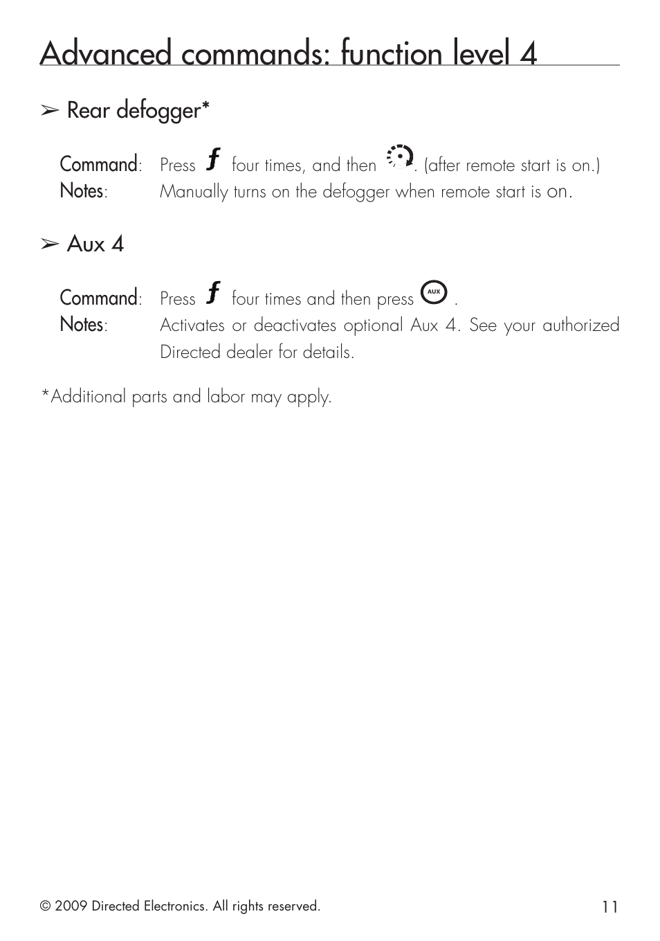 Advanced commands: function level 4, Rear defogger, Aux 4 | Command | Directed Electronics VIPER 5101 User Manual | Page 19 / 44