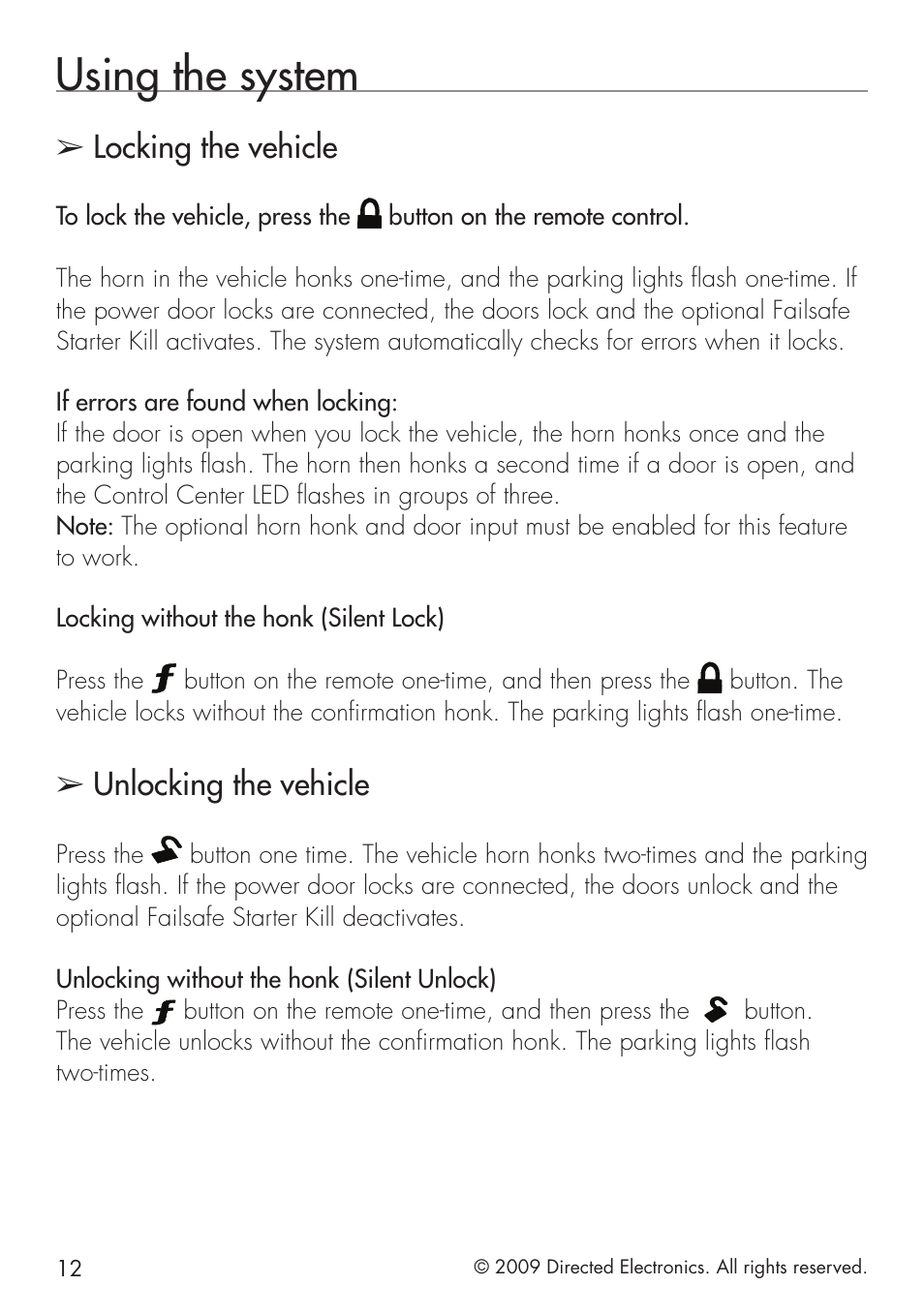 Using the system, Locking the vehicle, Unlocking the vehicle | Directed Electronics VIPER 5101 User Manual | Page 20 / 44
