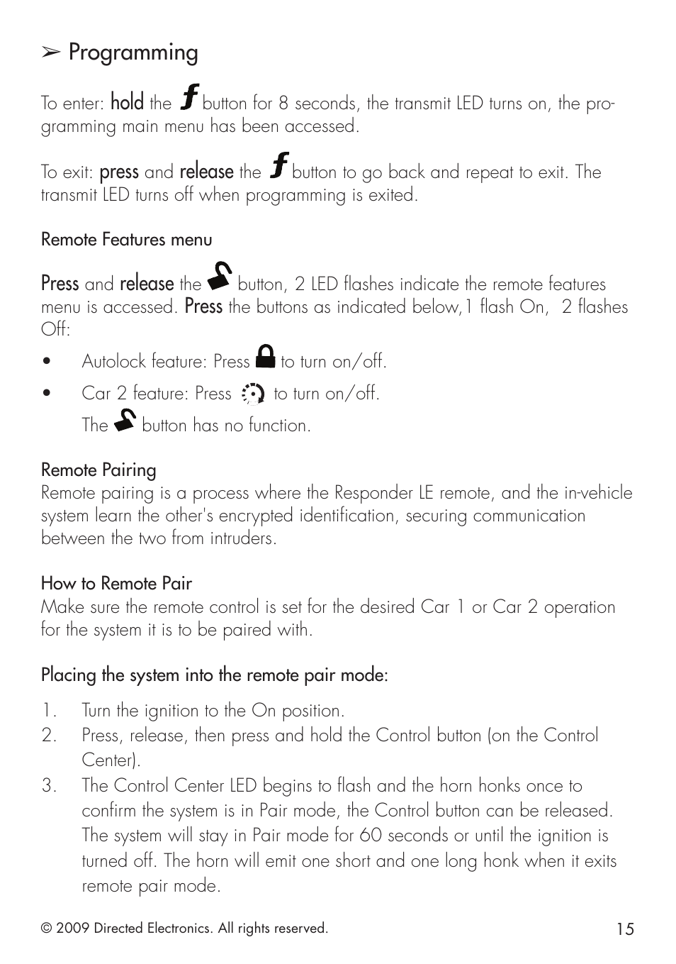 Programming, Hold, Press | Release | Directed Electronics VIPER 5101 User Manual | Page 23 / 44