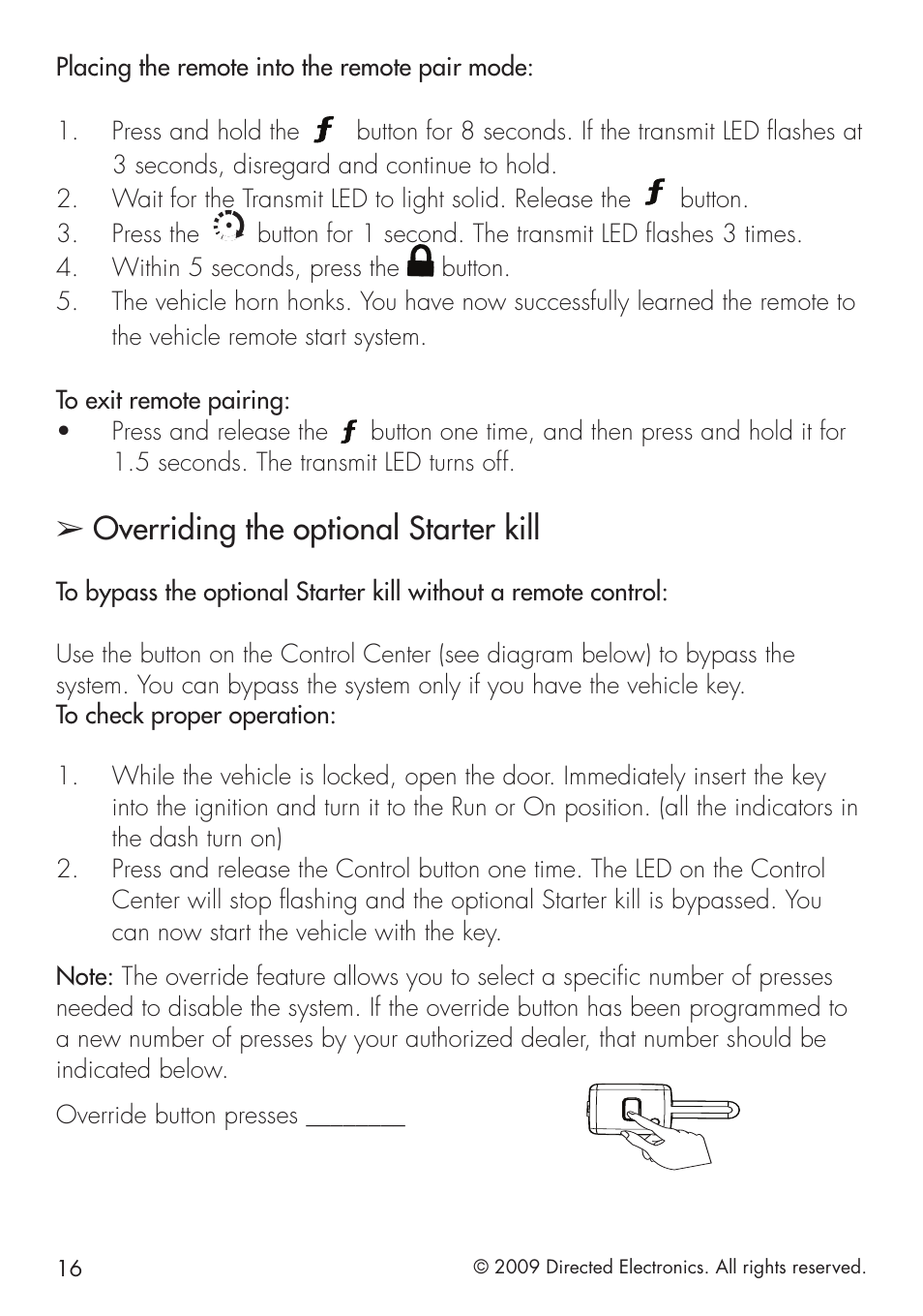 Overriding the optional starter kill | Directed Electronics VIPER 5101 User Manual | Page 24 / 44