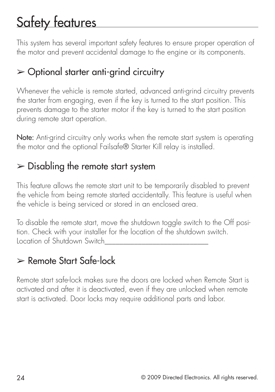 Safety features, Optional starter anti-grind circuitry, Disabling the remote start system | Remote start safe-lock | Directed Electronics VIPER 5101 User Manual | Page 32 / 44