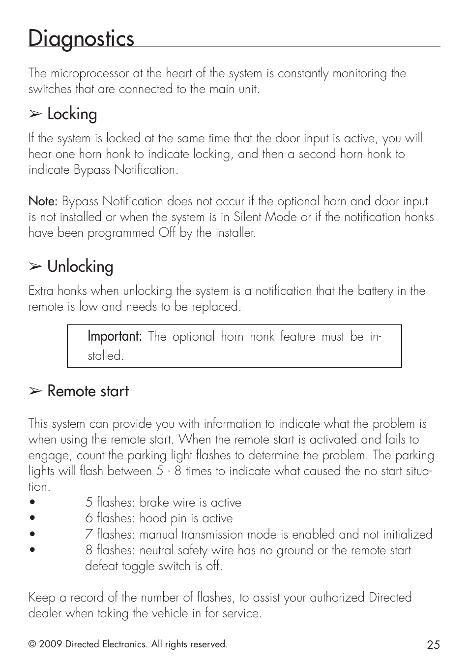 Diagnostics, Locking, Unlocking | Remote start | Directed Electronics VIPER 5101 User Manual | Page 33 / 44