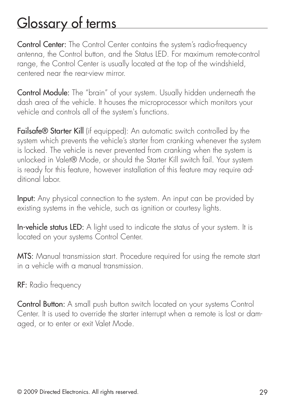 Glossary of terms | Directed Electronics VIPER 5101 User Manual | Page 37 / 44
