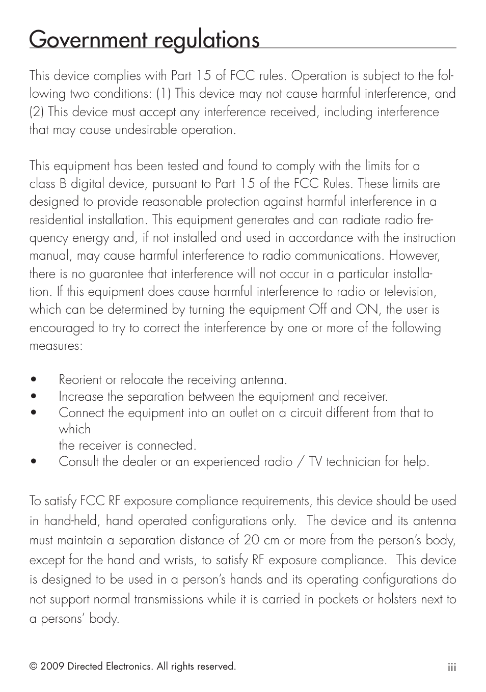 Government regulations | Directed Electronics VIPER 5101 User Manual | Page 5 / 44